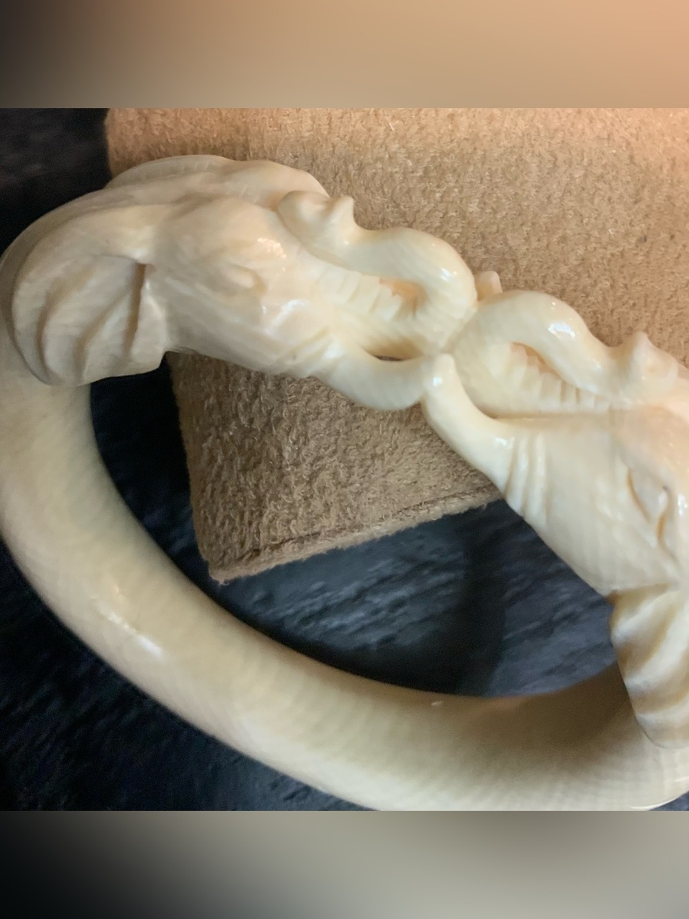 Hand Carved Bone Bangle Bracelet Carved elephant heads Approx. size 7